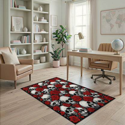 Skull and Red Rose Black Area Rug