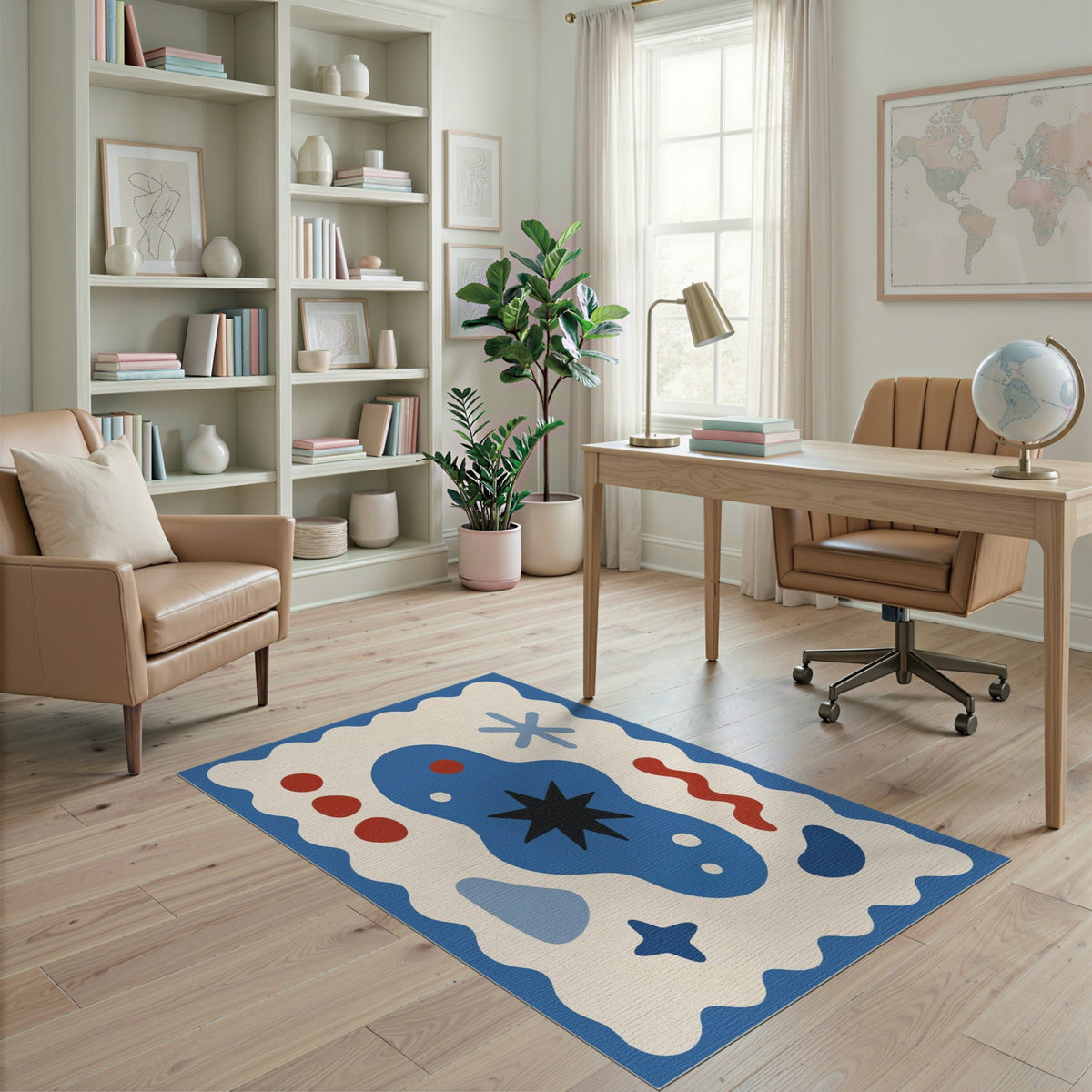 Abstract Blue Star Area Rug with Wavy Border