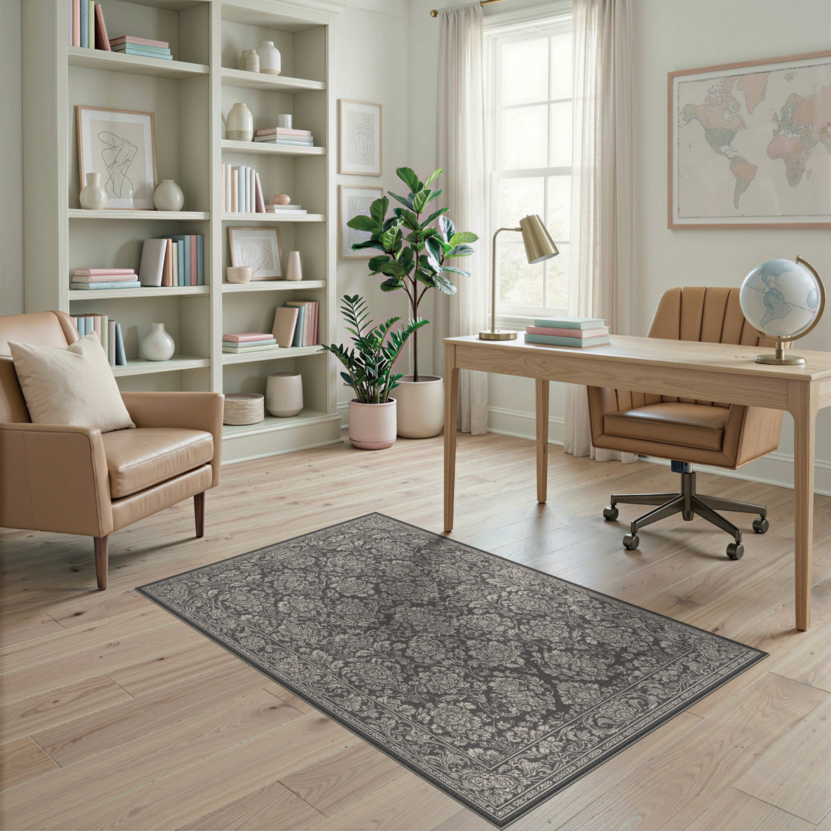 Black White Floral Vintage Area Rug