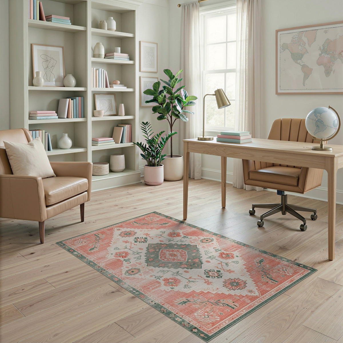 Coral Teal Floral Medallion Area Rug