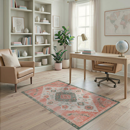 Coral Teal Floral Medallion Area Rug