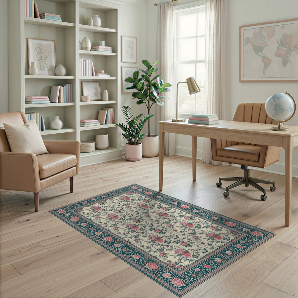 Pink Rose Teal Floral Vintage Area Rug