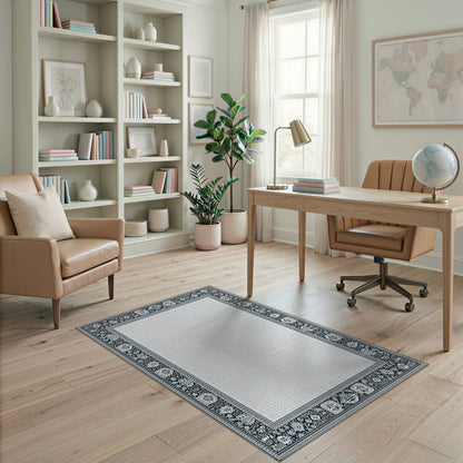 Black White Floral Border Area Rug