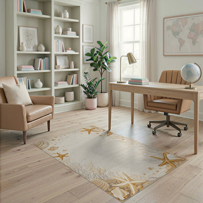 Beige and Neutral Beige Coastal Seashell Starfish Area Rug