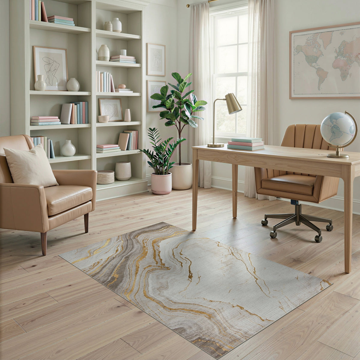 White Gold Marble Swirl Area Rug