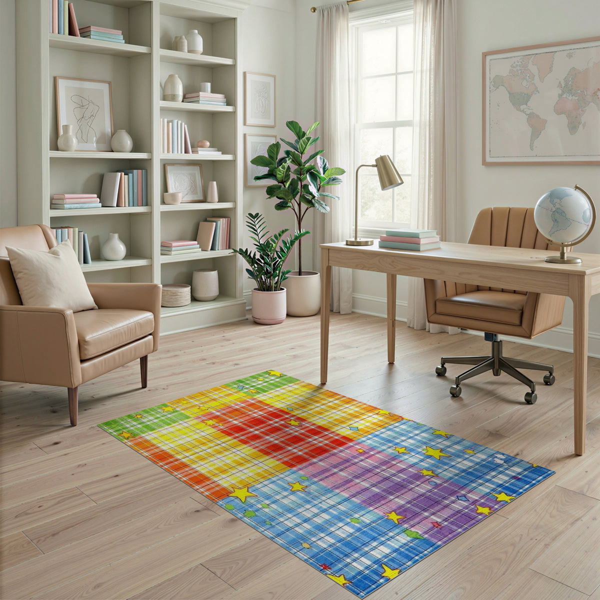 Rainbow Plaid Star Kids Area Rug