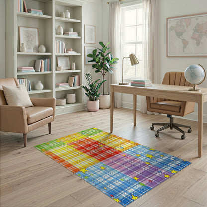 Rainbow Plaid Star Kids Area Rug