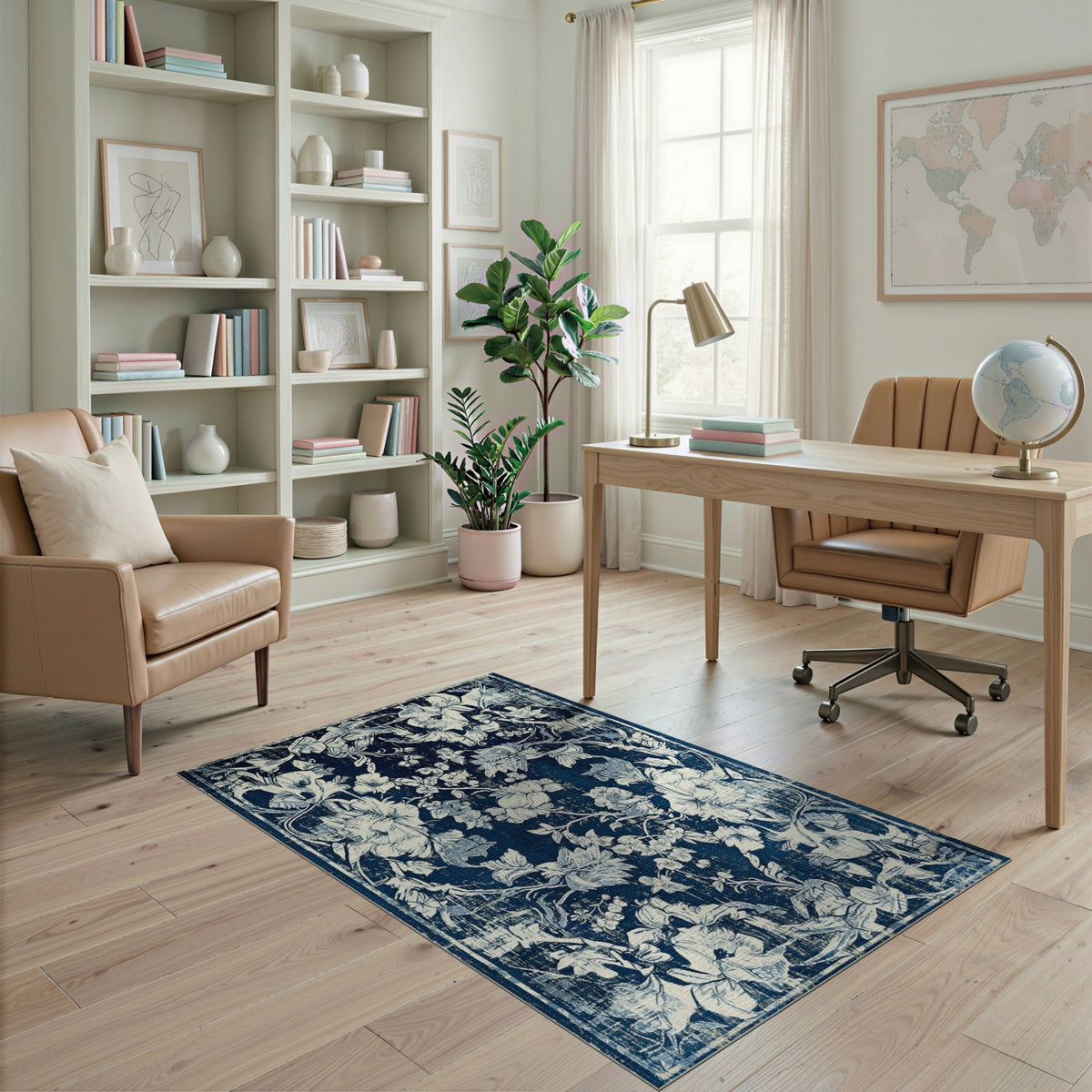 Navy Blue Floral Distressed Vintage Area Rug