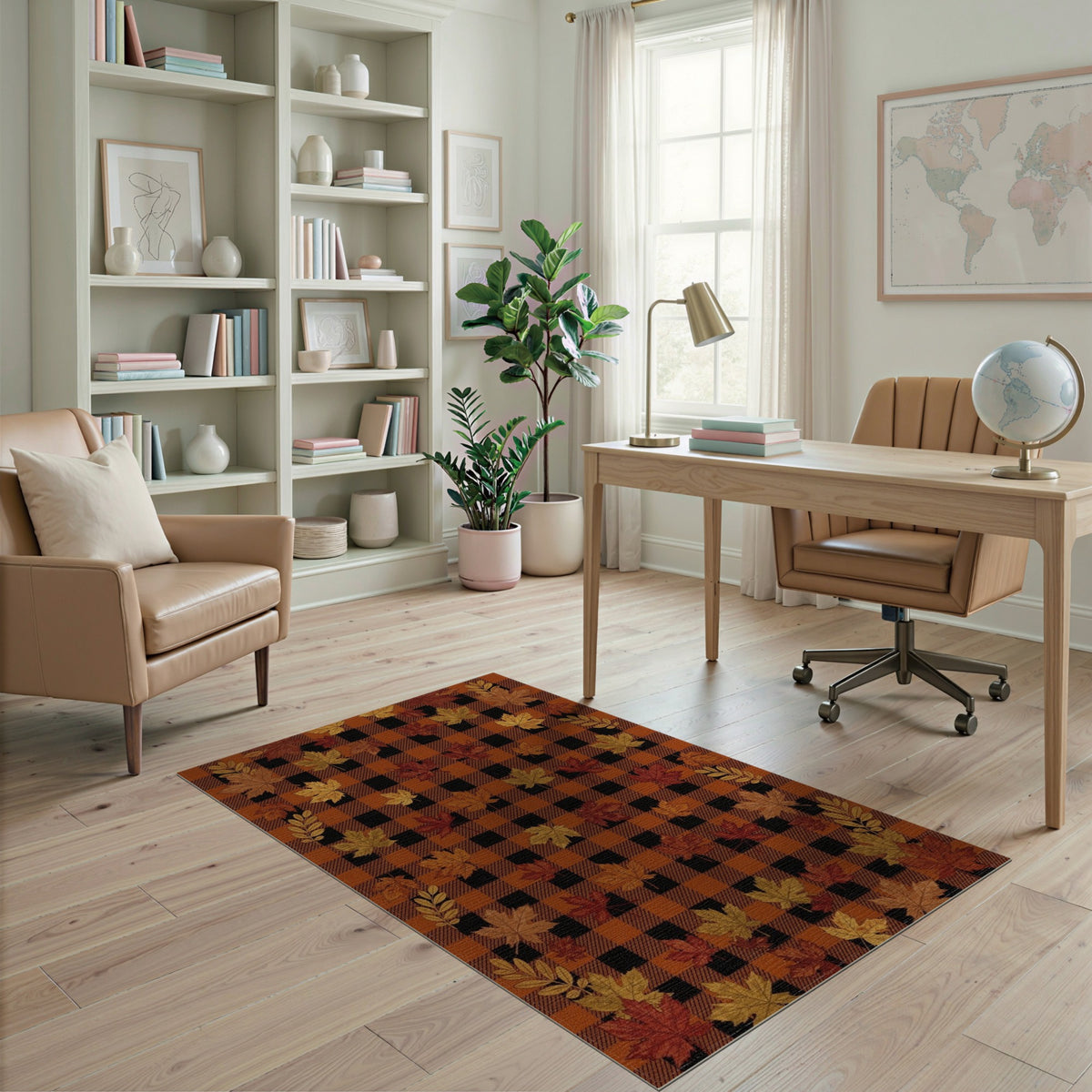 Fall Leaves Buffalo Check Area Rug