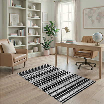 Black White Striped Stars and Hearts Area Rug