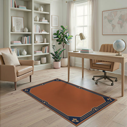 Terracotta Orange Navy Geometric Border Rug