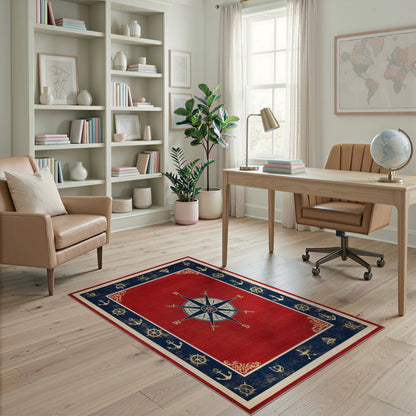 Red Nautical Compass Area Rug with Anchors