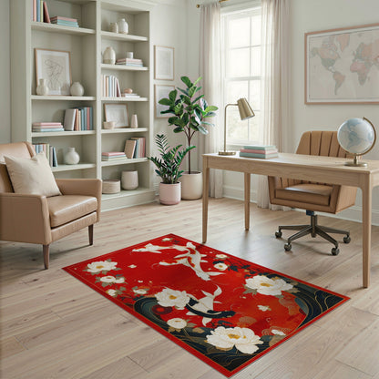 Red Koi Peony Floral Washable Area Rug