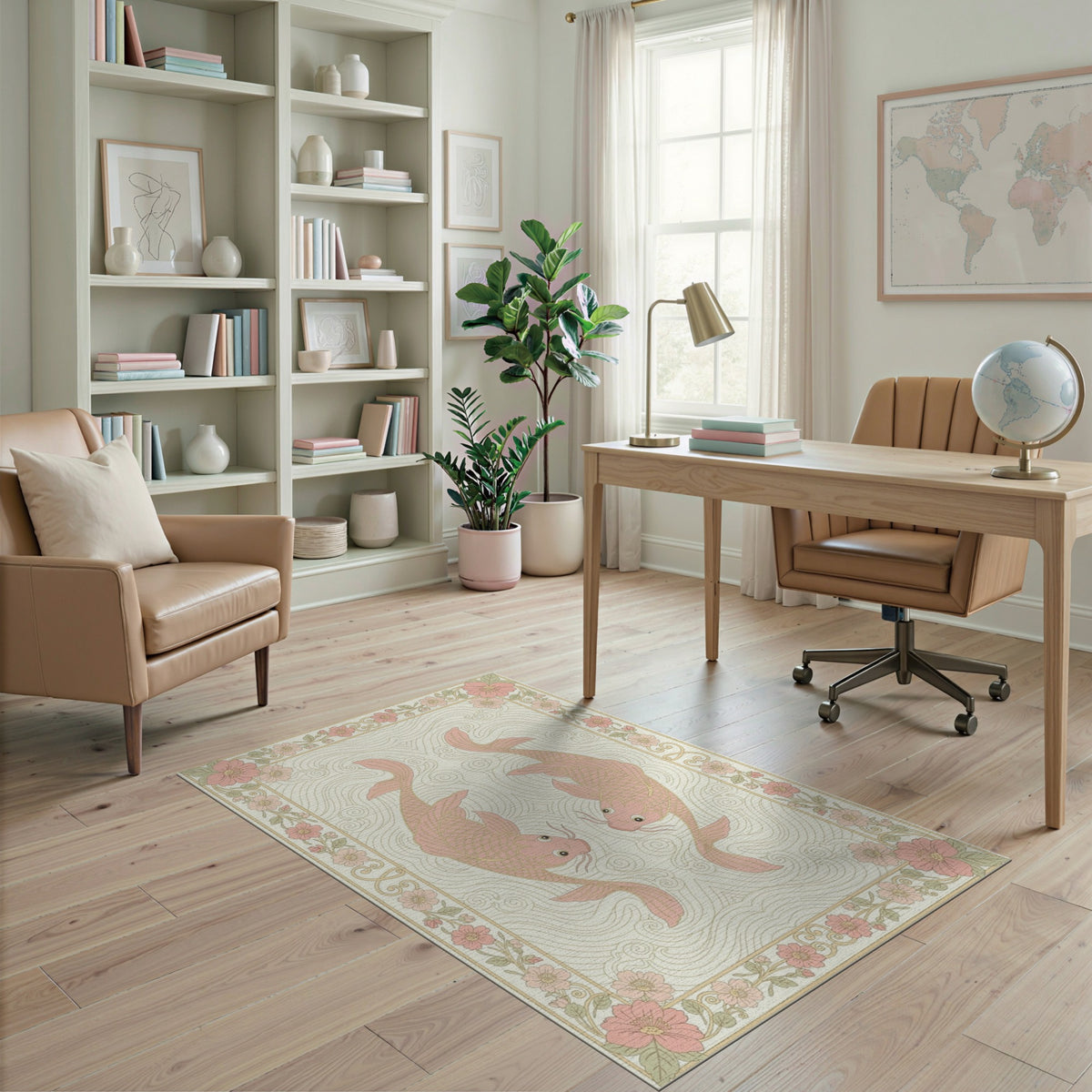 Pink Koi Fish Floral Vintage Area Rug