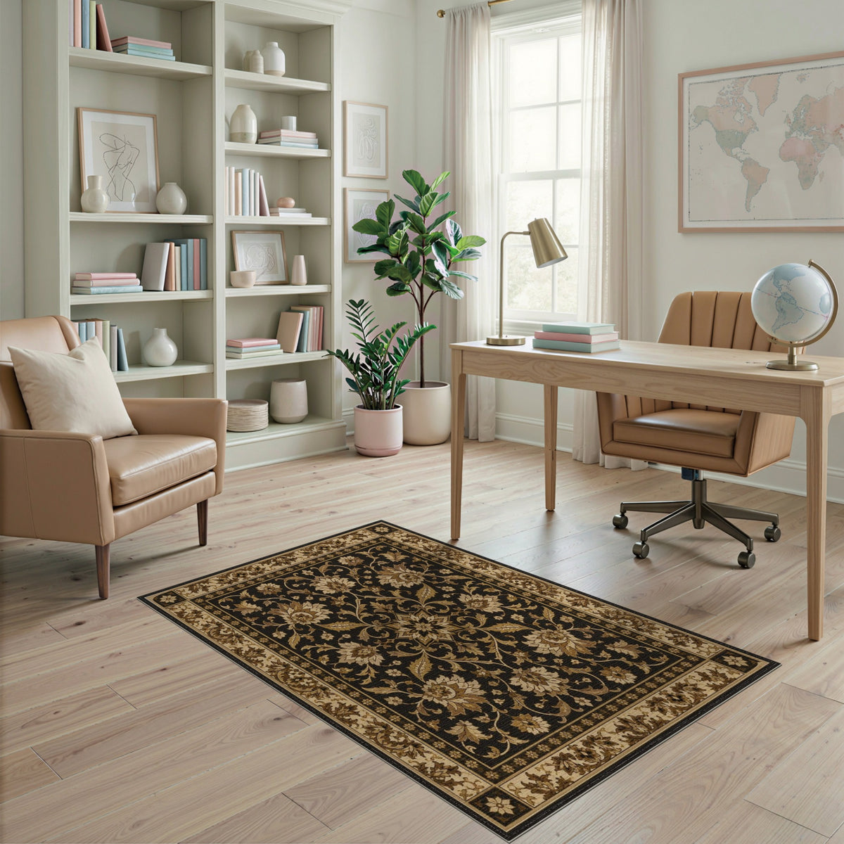 Beige and Neutral Black Floral Vintage Area Rug