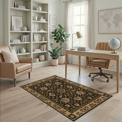 Beige and Neutral Black Floral Vintage Area Rug