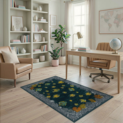 Blue Teal Yellow Fish Coastal Area Rug