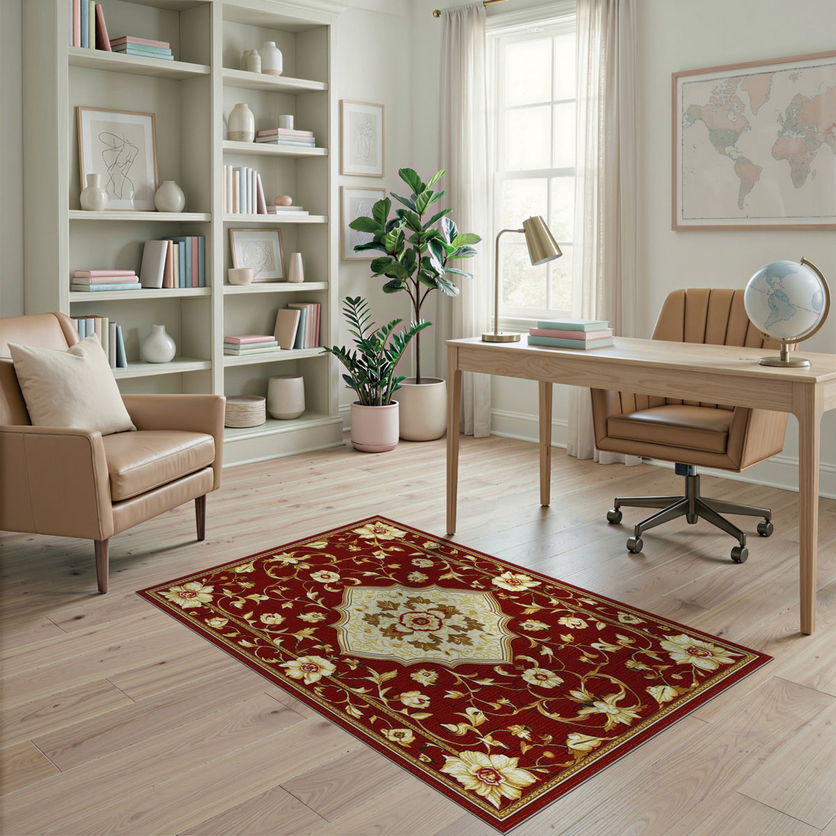 Red Floral Persian Area Rug with Ivory Medallion