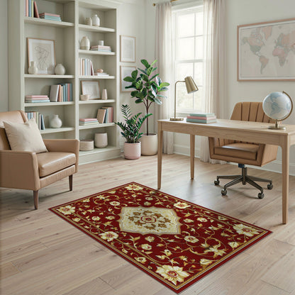 Red Floral Persian Area Rug with Ivory Medallion