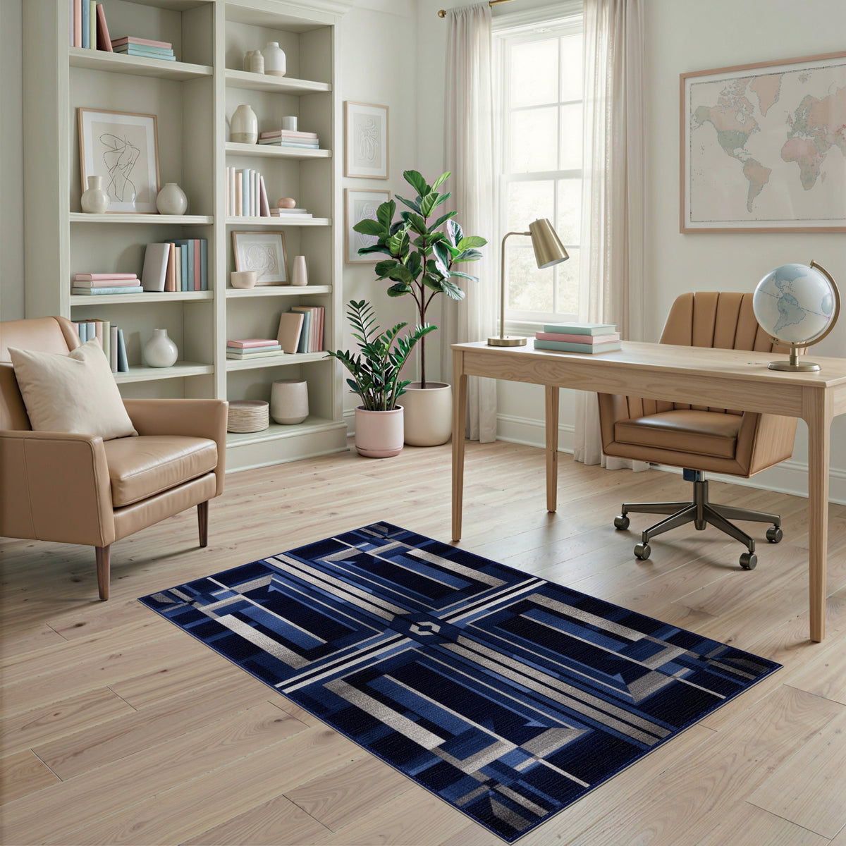 Navy Blue Silver Geometric Area Rug