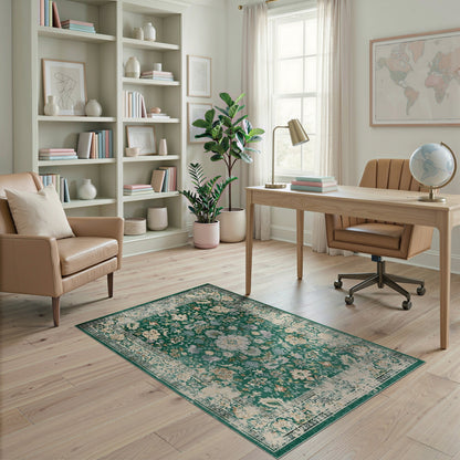 Green Floral Vintage Area Rug