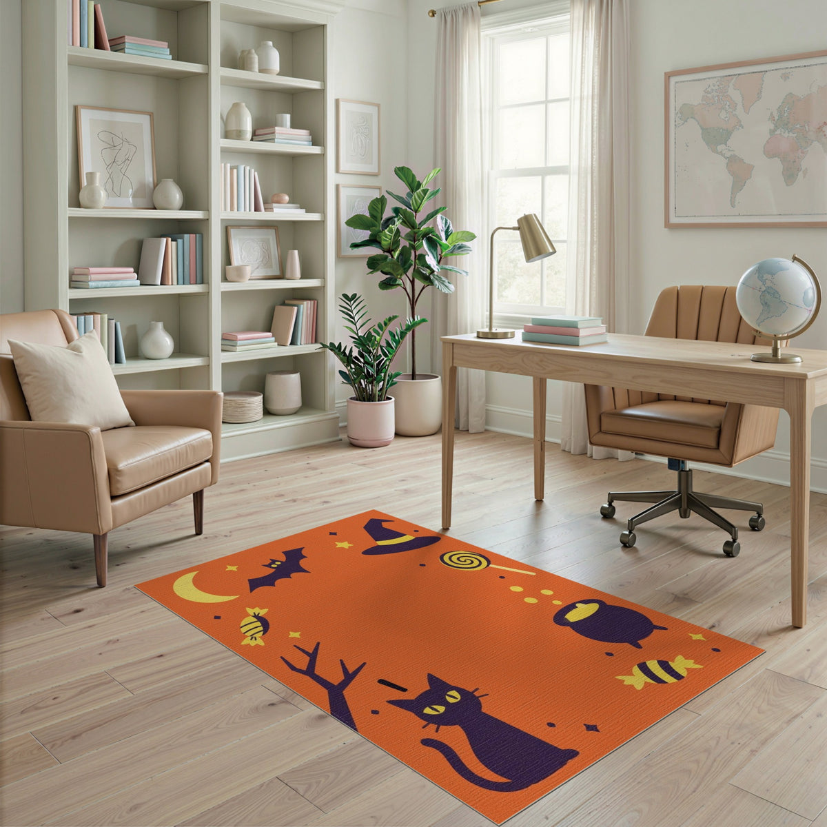 Orange Halloween Cat Bat Kids Cartoon Rug