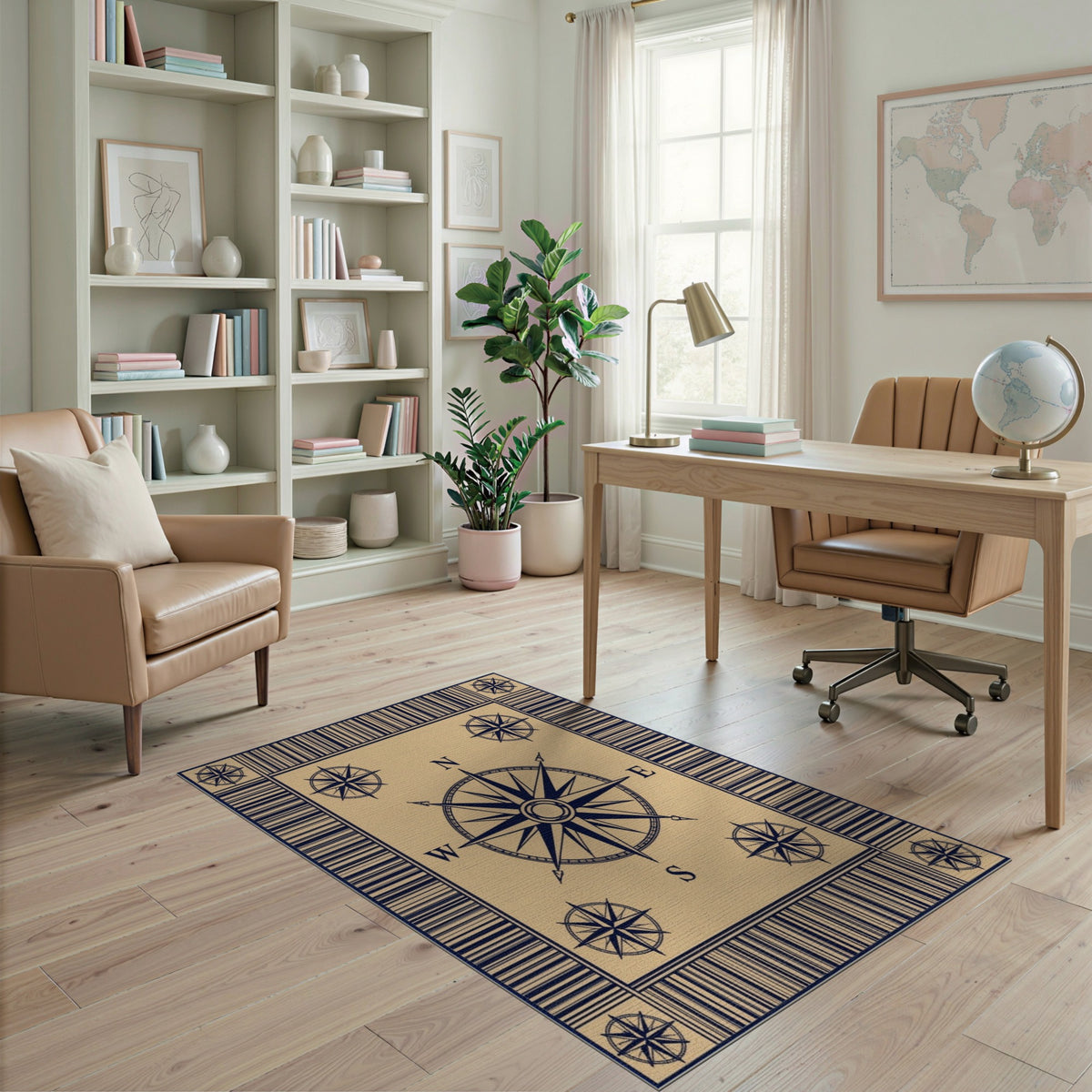 Nautical Compass Beige Area Rug