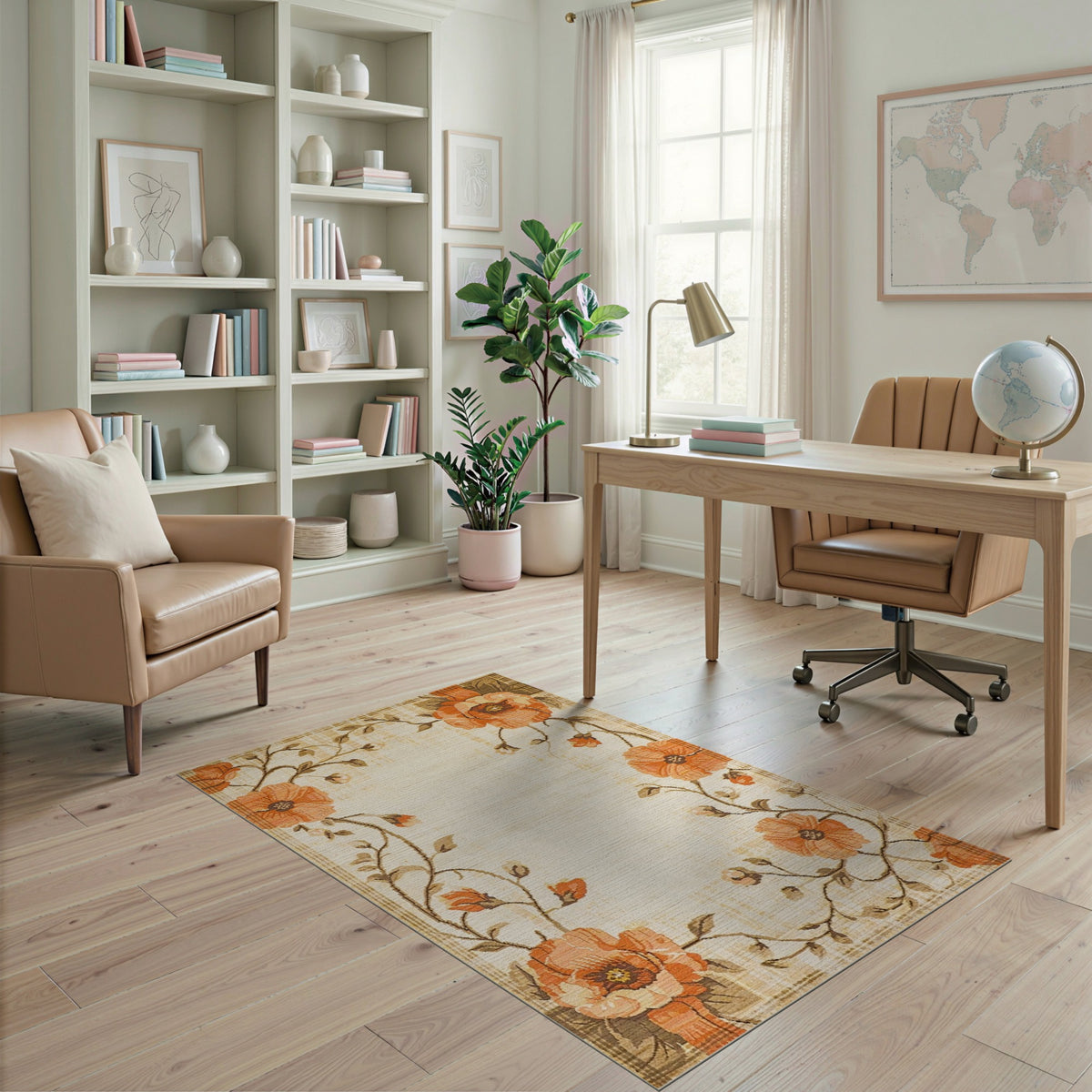Orange Poppy Floral Vintage Rug