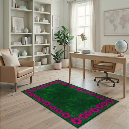 Green Palm Tree Pink Hibiscus Border Area Rug