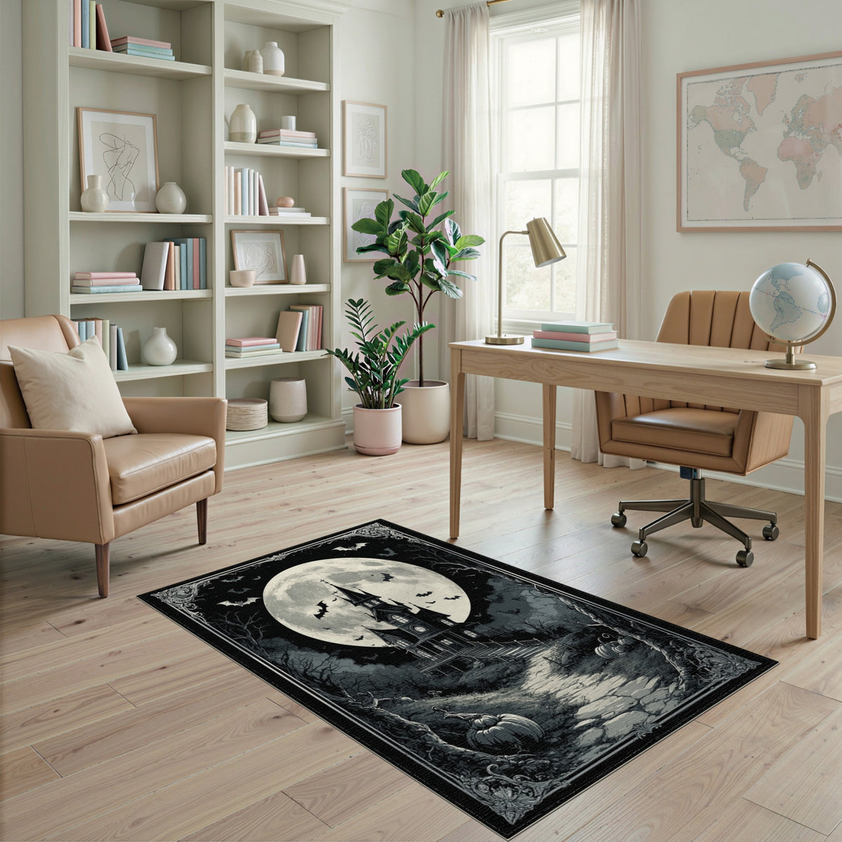 Haunted Mansion Black White Washable Area Rug