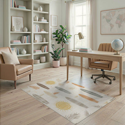Coastal Surfboard Beige Washable Area Rug