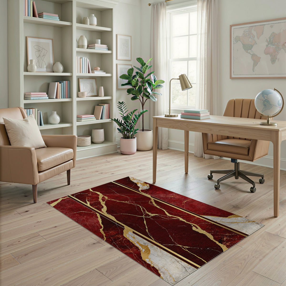 Red Gold Marble Vein Area Rug