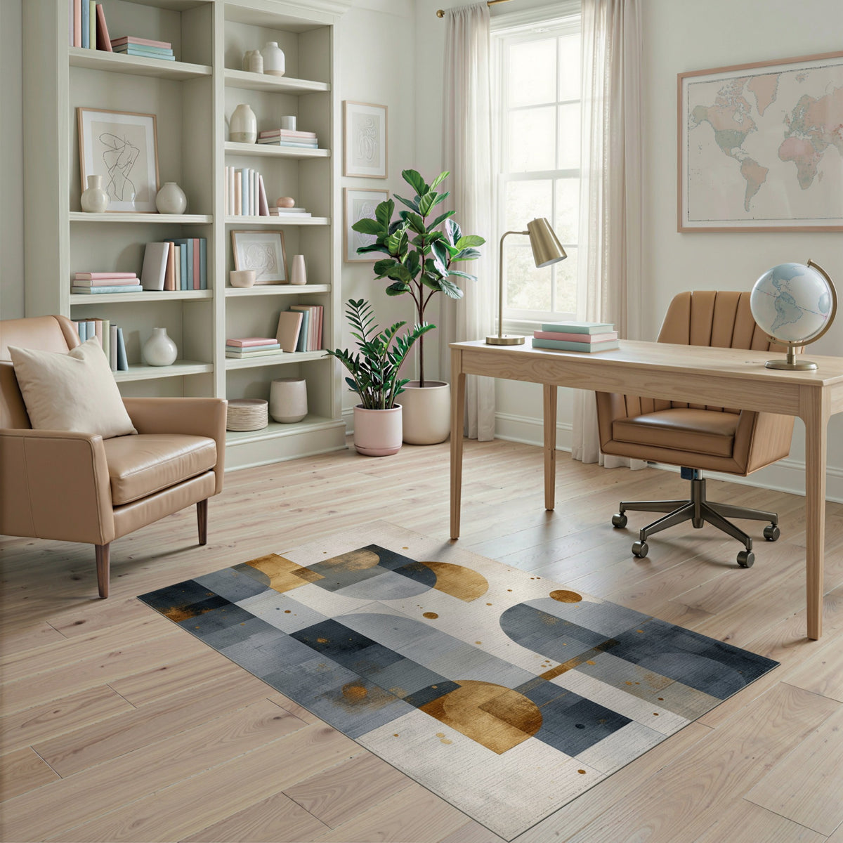 Geometric Blue Grey Gold Area Rug