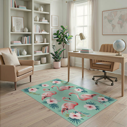 Floral Vintage Pink Flamingo Floral Washable Area Rug