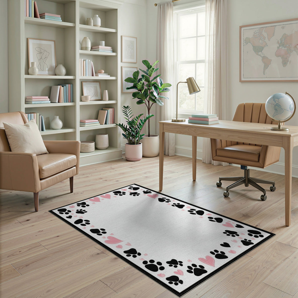 Black Paw Print Pink Heart Kids Rug