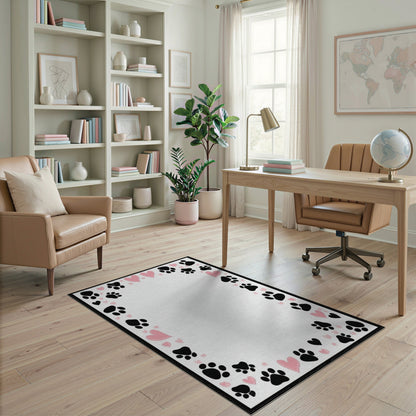 Black Paw Print Pink Heart Kids Rug