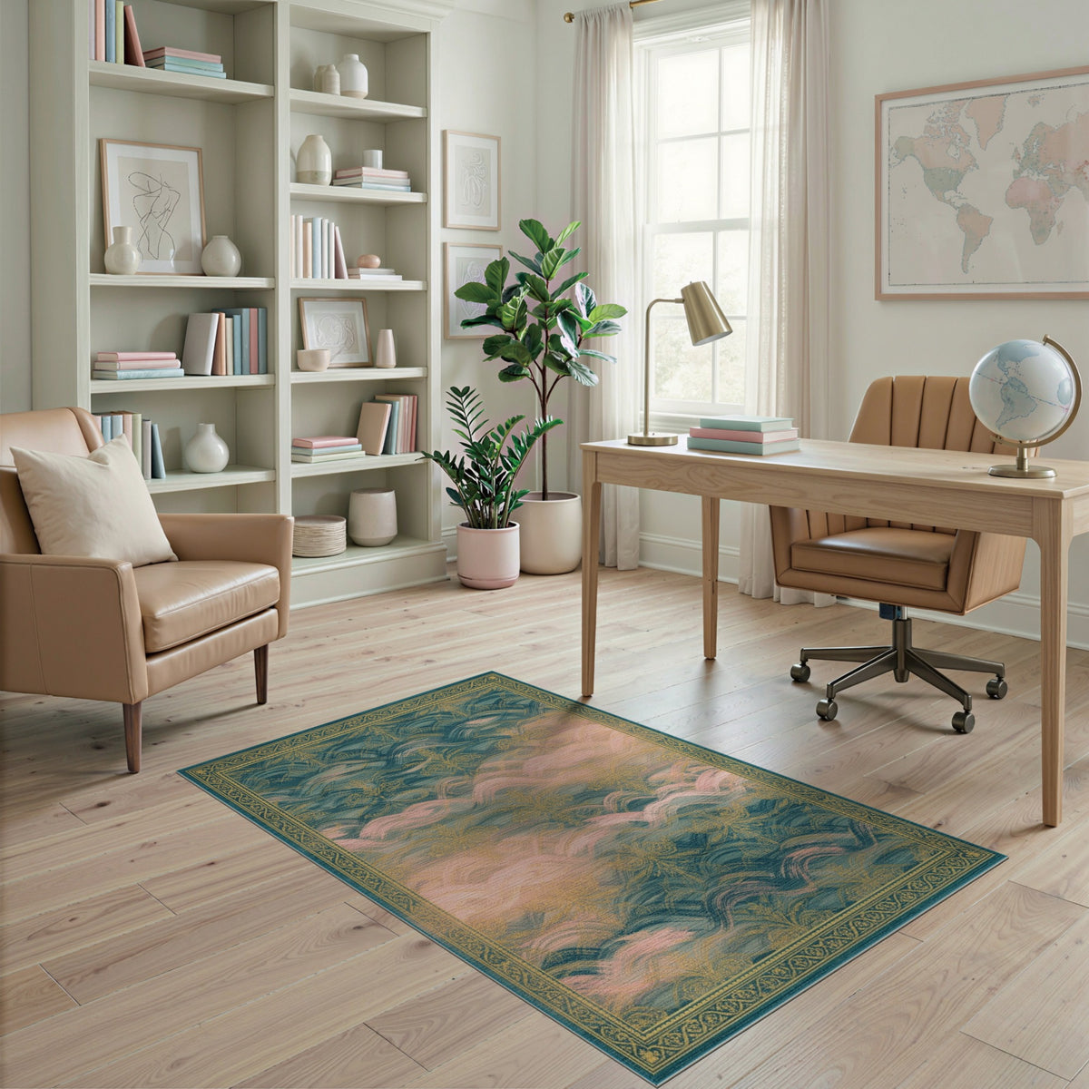 Blue Teal Floral Wave Vintage Area Rug