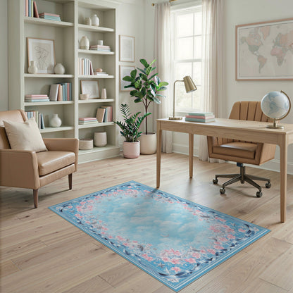 Blue Floral Moon Stars Washable Area Rug