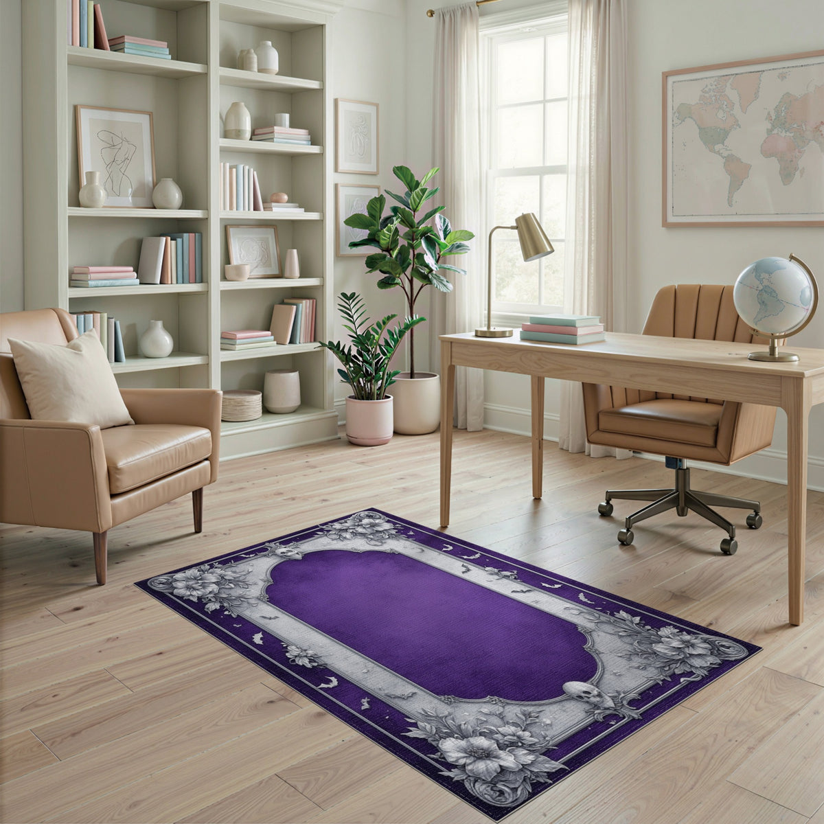 Purple Gothic Ornate Floral Skull Area Rug