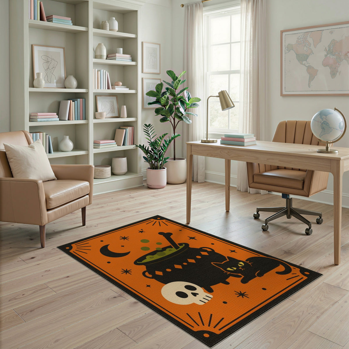 Halloween Cauldron Black Cat Orange Area Rug