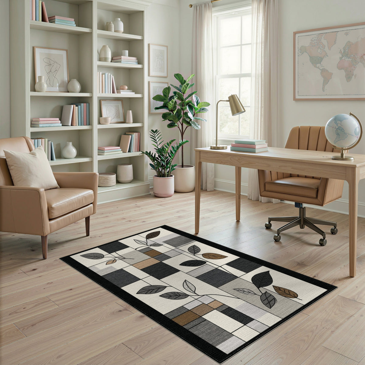 Grey Geometric Leaf Area Rug