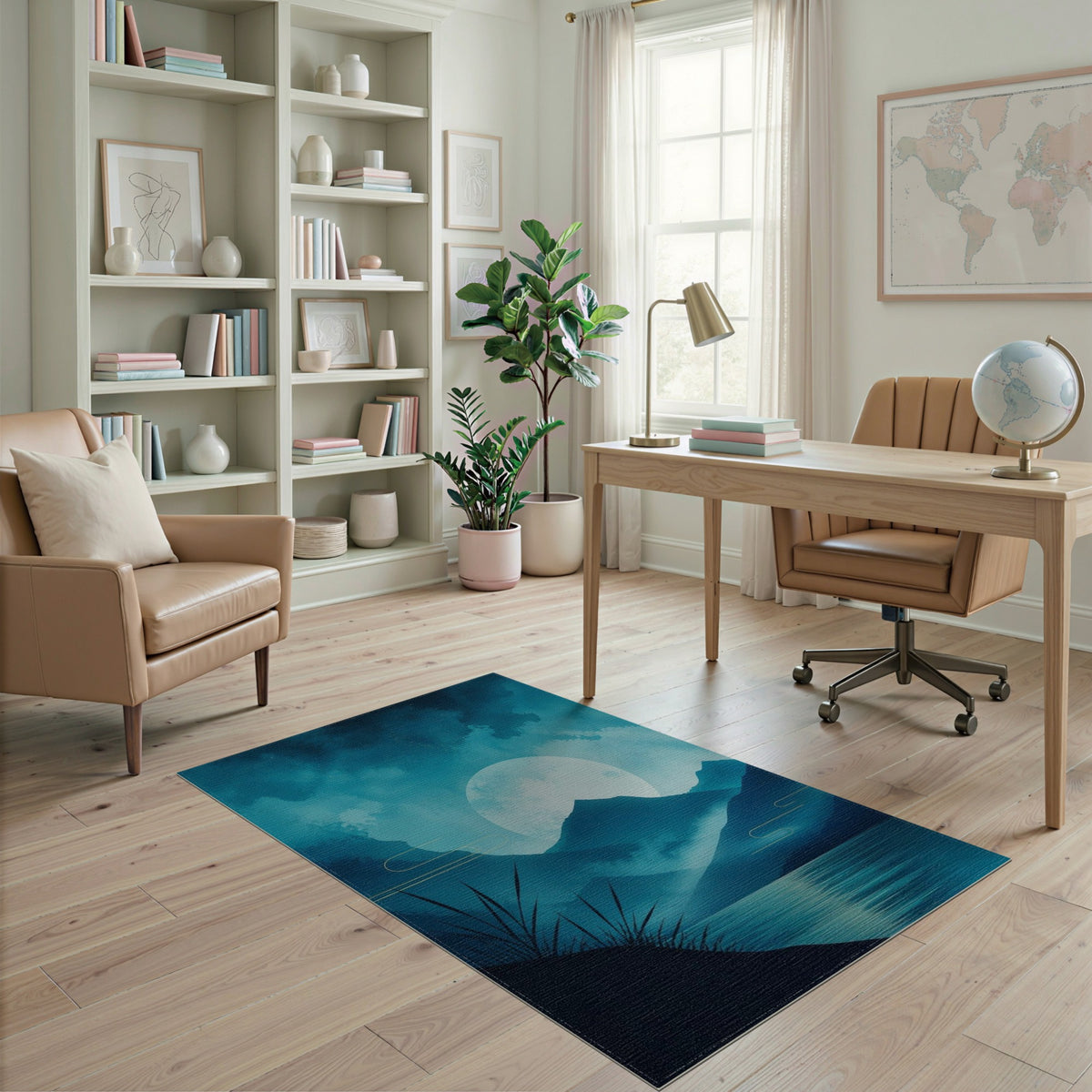 Blue Teal Moonlit Mountains Washable Area Rug