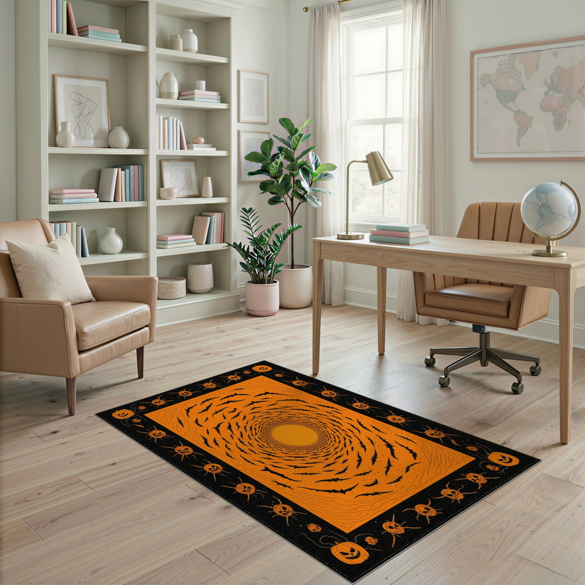 Spiral Bat Vortex Orange Halloween Area Rug