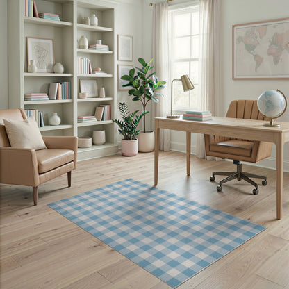 Coastal Beach Blue Gingham Checkered Area Rug