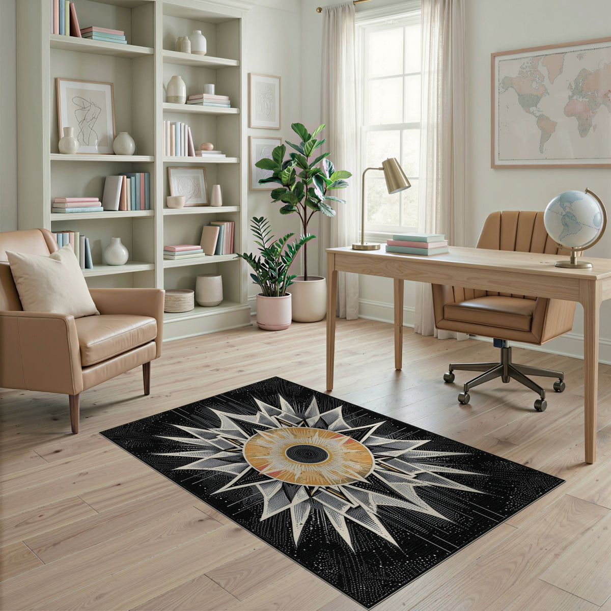 Black White Geometric Starburst Geometric Modern Area Rug