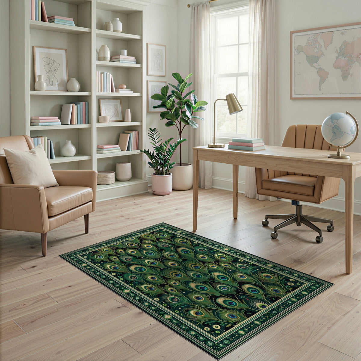 Green Emerald Peacock Feather Area Rug
