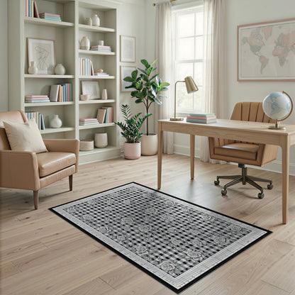 Black White Rose Gingham Area Rug