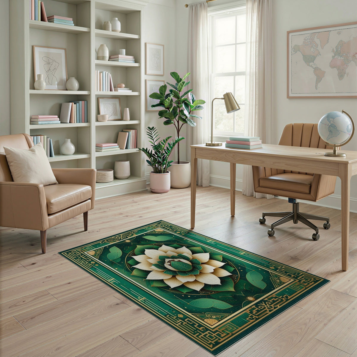 Floral Vintage Green Lotus Floral Area Rug