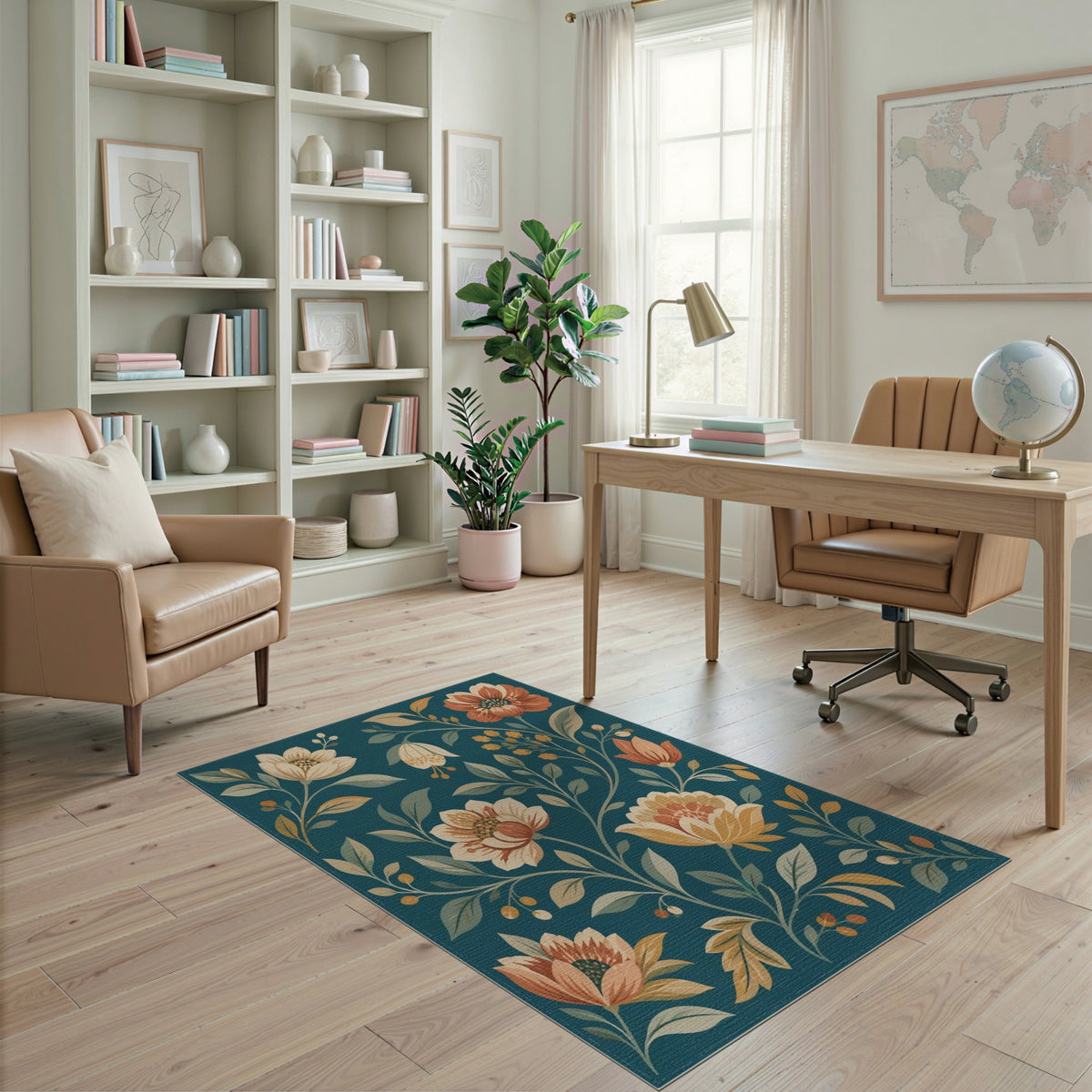 Washable Teal Floral Vintage Washable Area Rug