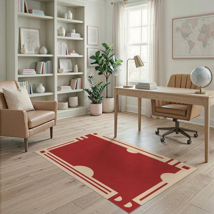 Red Geometric Area Rug with Cream Borders